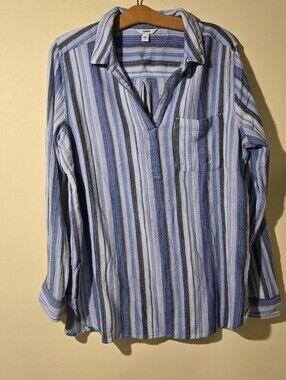 Sonoma Women's Blue & White Striped V-Neck Button-Style Blouse